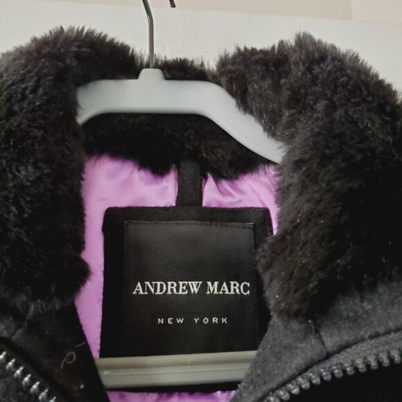Andrew Marc Wool Mob Wife Zip Fur Collar Satin Lining Moto Bomber Jacket S - Picture 3 of 6